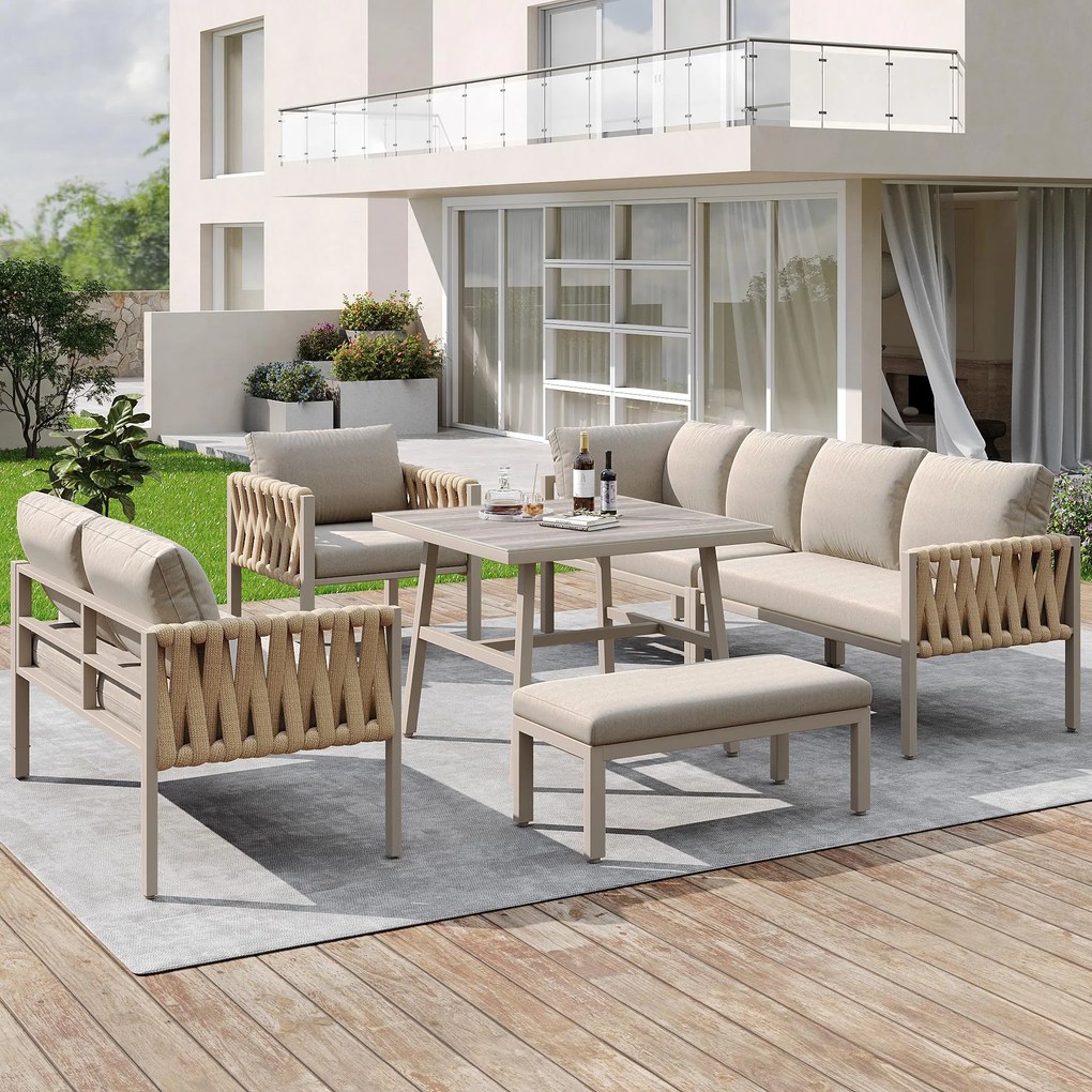 Set de mobilier de grădină cu canapea de colț și blat de masă din sticlă securizată, Bej | Aosom Romania