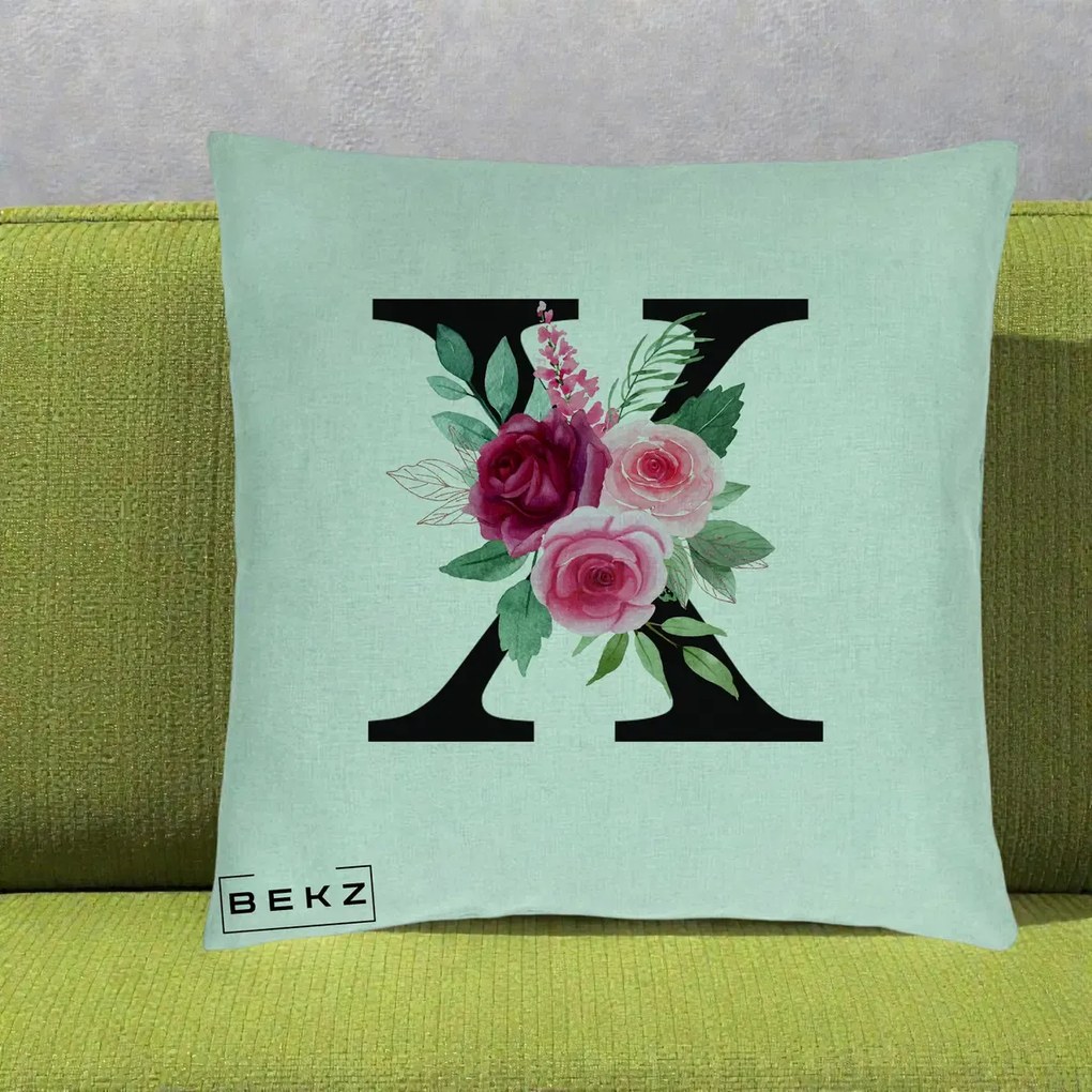 Cadou Personalizat - Perna Personalizata Monograma Florala Litera X cu Buchet, 40x40 cm, Verde Menta, Husa Detasabila, Perna Inclusa, BEKZ®