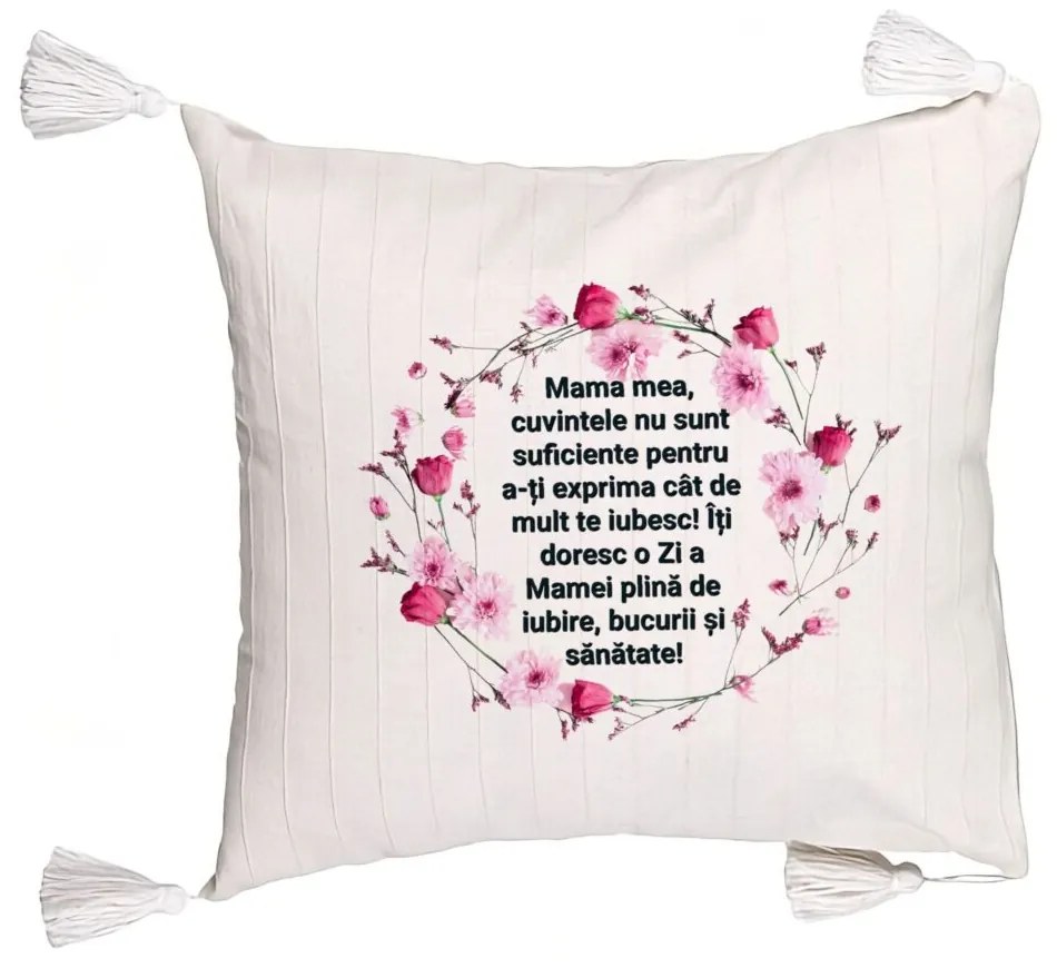 Perna Decorativa cu Franjuri, Model cu Model pentru Mama cu text 45x45 cm, Ecru, Cu fermoar