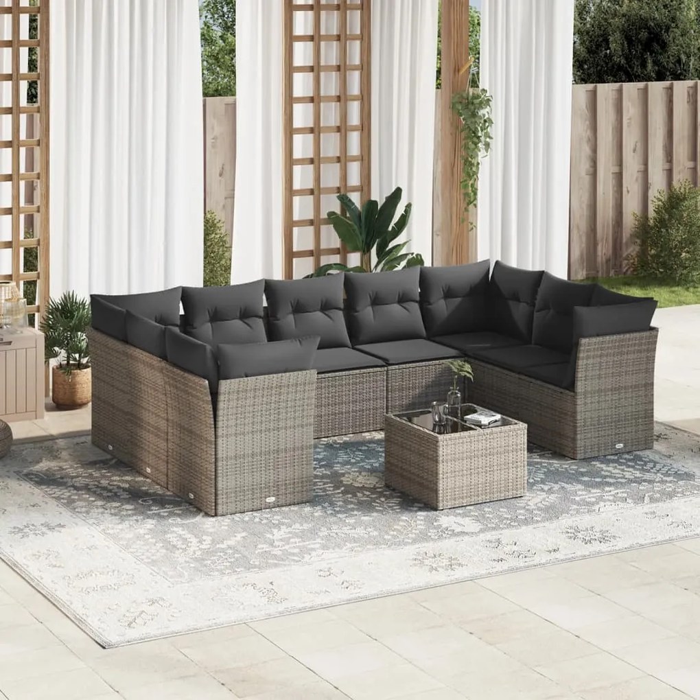 vidaXL Set mobilier de grădină cu perne, 10 piese, gri, poliratan