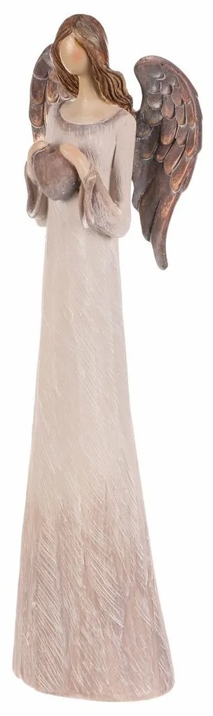 Înger din poliresină cu inimă, 26 cm, bej-măduvă