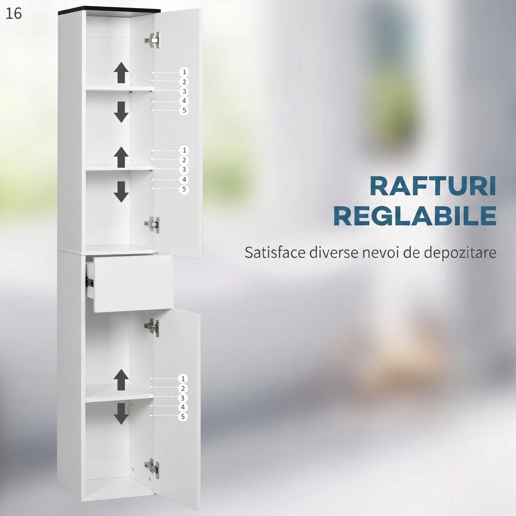 Dulap de Baie Kleankin cu Poliță Reglabilă, 2 Rafturi Închise și Sertar, Economie de Spațiu 30x28x180cm, Alb | Aosom Romania