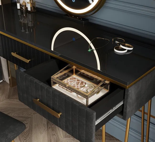 Masuta machiaj cu Oglinda LED si 3 Sertare pentru Cosmetice, Set Masa toaleta 100 cm, Negru, masuta cosmetica, vanity - SEN240