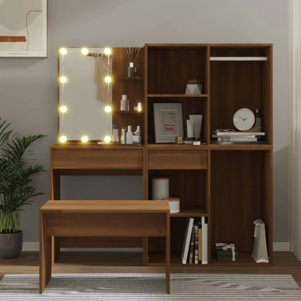 3114106 vidaXL Set de masă de toaletă cu LED, stejar maro, lemn prelucrat