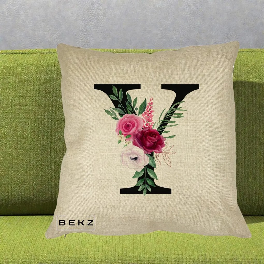 Cadou Personalizat - Perna Personalizata Monograma Florala Litera Y cu Buchet, 40x40 cm, Crem, Husa Detasabila, Perna Inclusa, BEKZ®