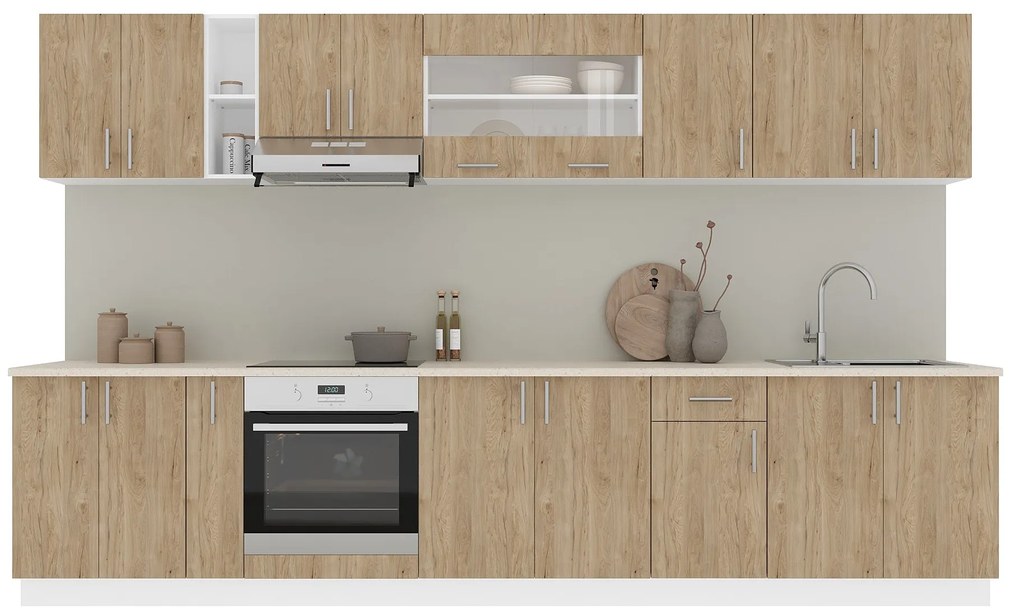 Set Bucatarie Karo V32, Lemn Natural/Alb, Blat Thermo 28 mm, L 340 cm