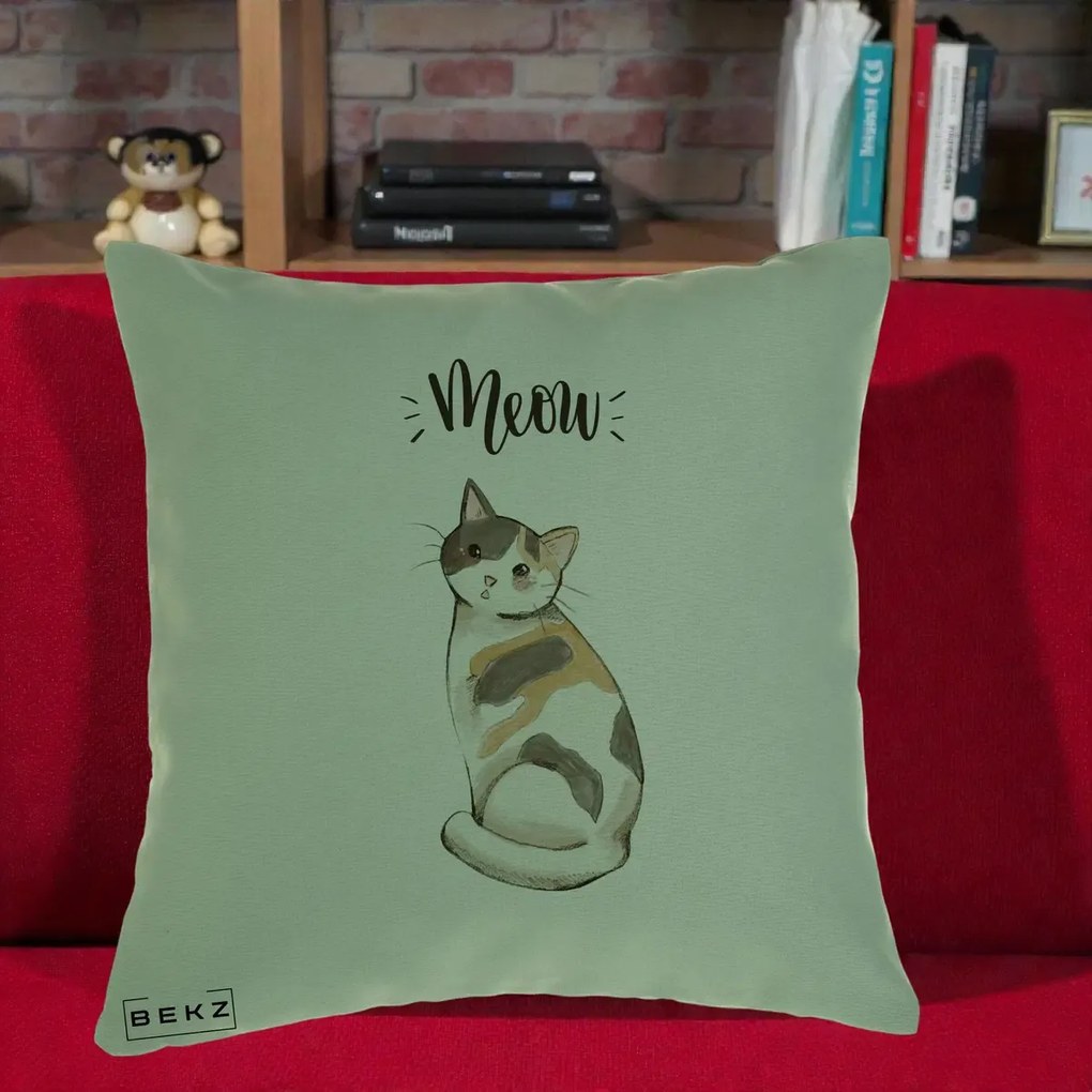Perna Personalizata Pisica Meow Acuarela, 40x40 cm, Verde, Husa Detasabila, Perna Inclusa, BEKZ®