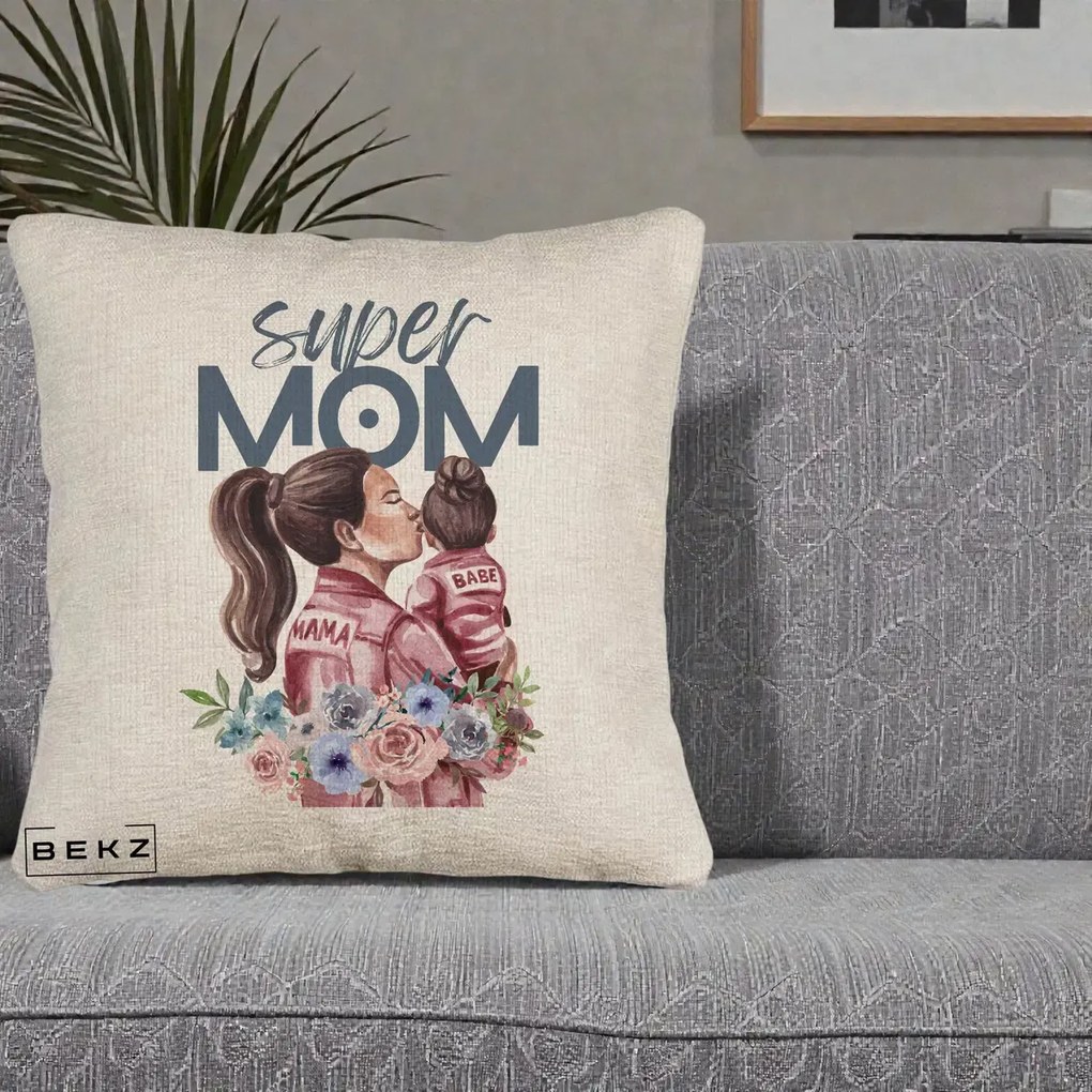 Cadou pentru Mama - Perna Personalizata Super Mom Mama cu Bebelusul, 40x40 cm, Bej Canapea, Husa Detasabila, Perna Inclusa, BEKZ®