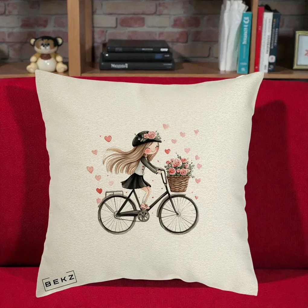 Perna Decorativa Fetita Kawaii pe Bicicleta cu Trandafiri si Inimioare, 40x40 cm, Ecru, Husa Detasabila, Perna Inclusa, BEKZ®