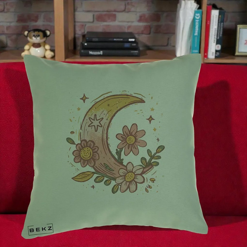 Perna Decorativa Luna Florala Boho, 40x40 cm, Verde, Husa Detasabila, Perna Inclusa, BEKZ®