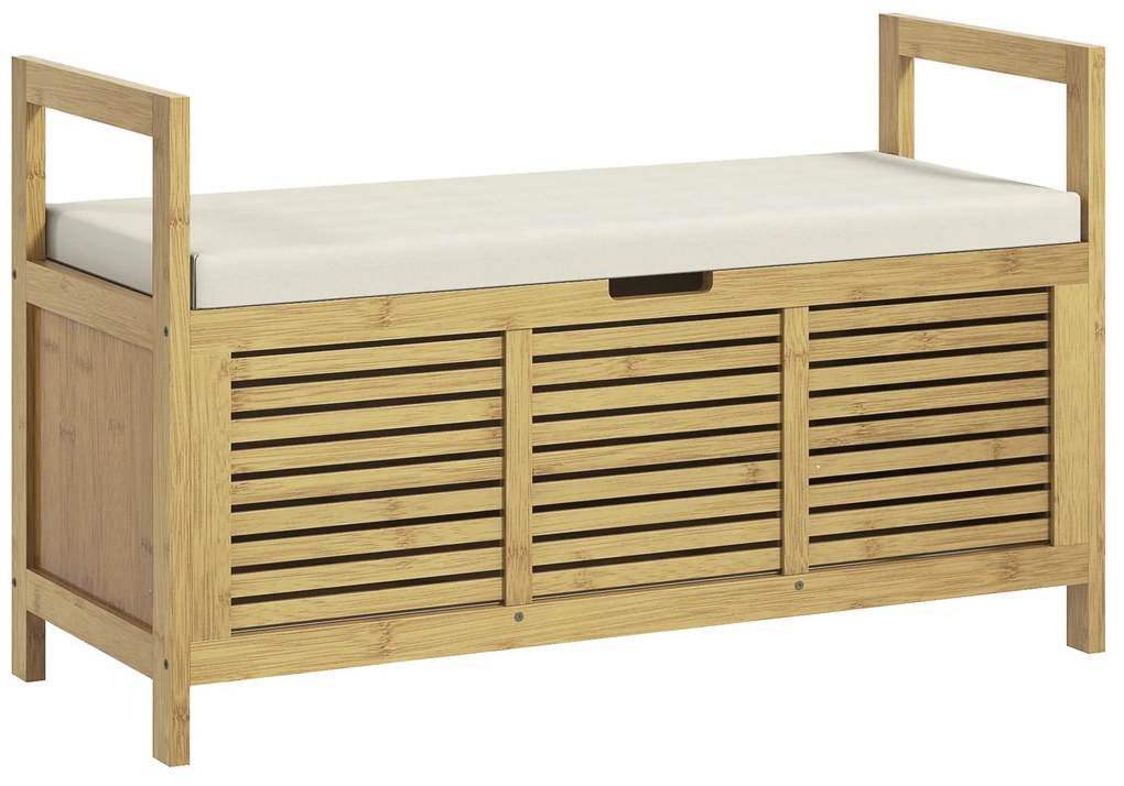 HOMCOM Banca pentru pantofi cu capac rabatabil, Banca din bambus pentru holul de la intrare cu compartiment ascuns si capitonare groasa, pentru hol