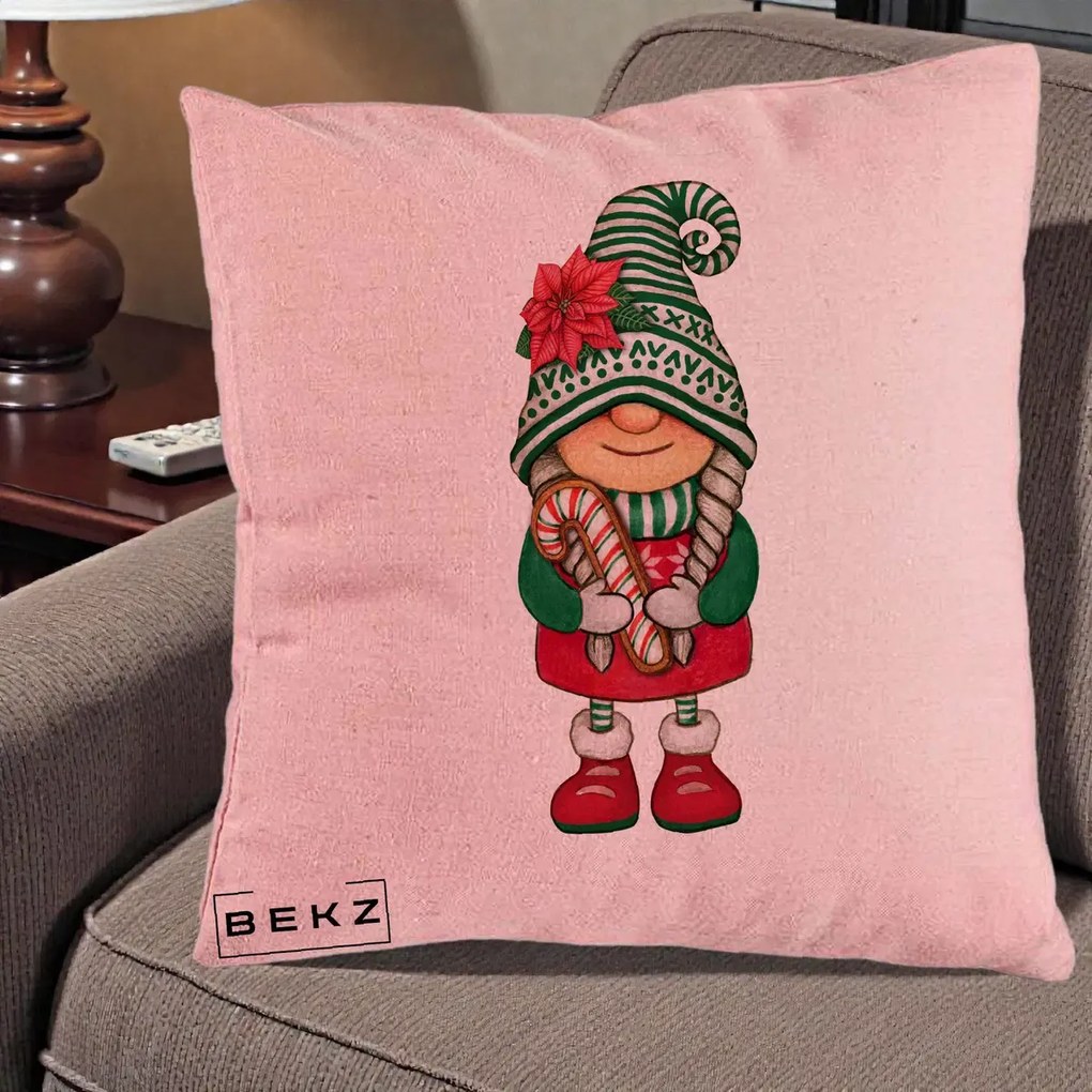 Perna Decorativa Gnom Craciun Verde cu Bomboane si Floare, 40x40 cm, Roz, Husa Detasabila, Perna Inclusa, BEKZ®