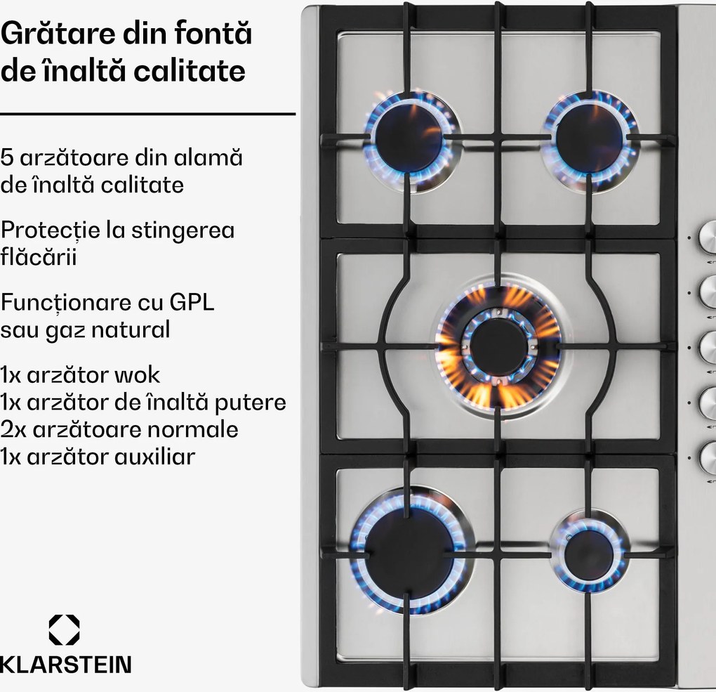 Klarstein Ignito 5 Zonen, plită pe gaz, 5 arzătoare Sabaf, oțel inoxidabil, argintiu