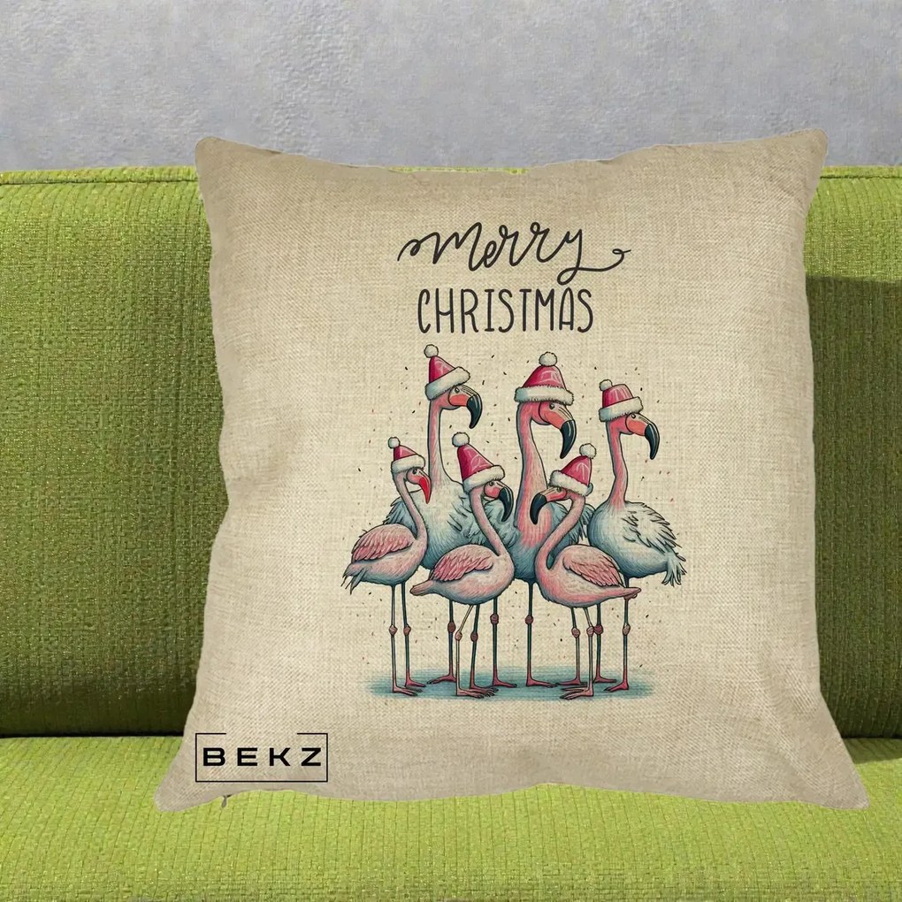 Perna Decorativa Flamingo Merry Christmas, 40x40 cm, Crem, Husa Detasabila, Perna Inclusa, BEKZ®