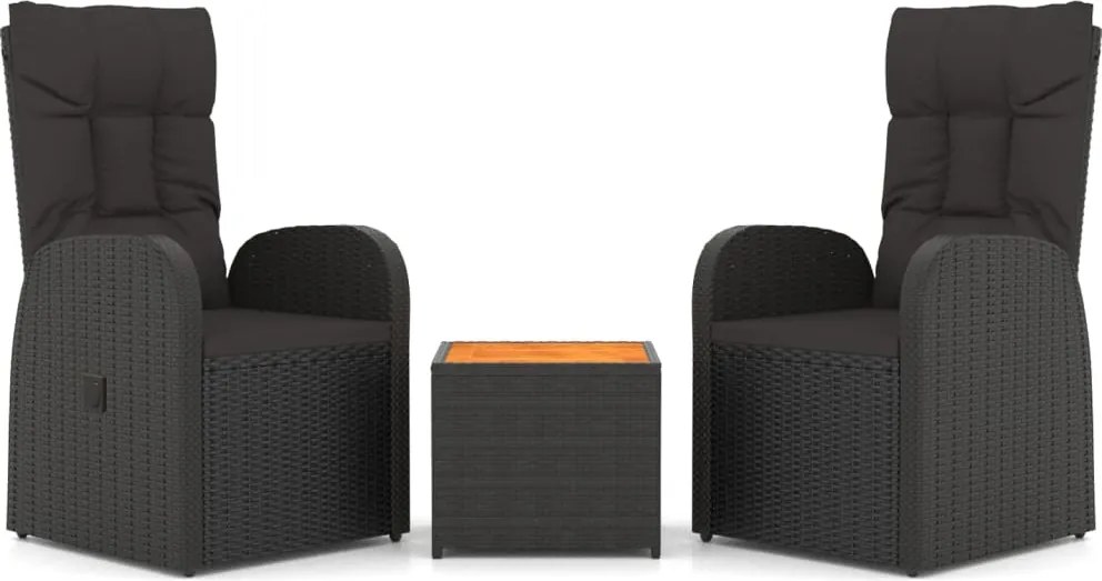 vidaXL Set șezlonguri grădină, 3 piese, negru, poliratan&lemn acacia