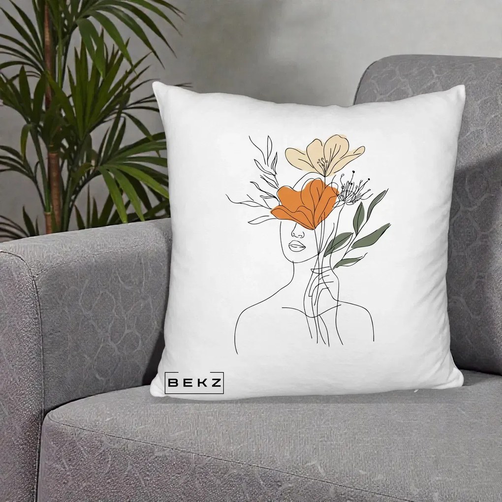 Perna Decorativa Portret Feminin Coroana Florala, 40x40 cm, Alb Pufos, Husa Detasabila, Perna Inclusa, BEKZ®