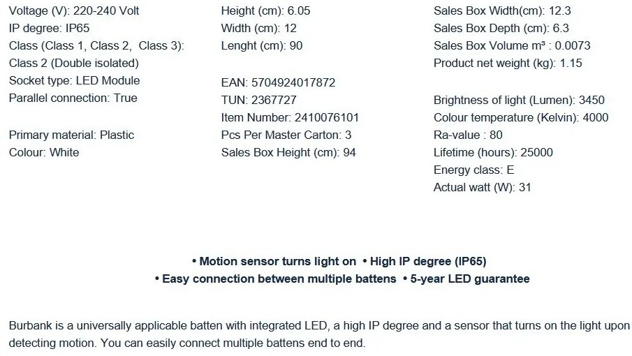 Plafoniera liniara LED cu senzor de miscare si protectie IP65 Burbank 90
