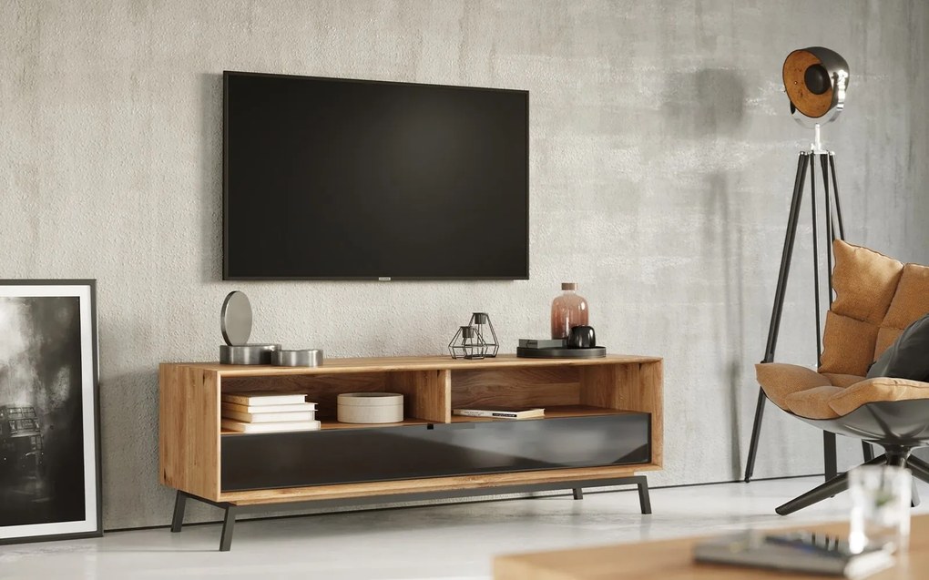 Comodă TV stejar masiv Madison și Sticlă, 160 × 50 × 54 cm
