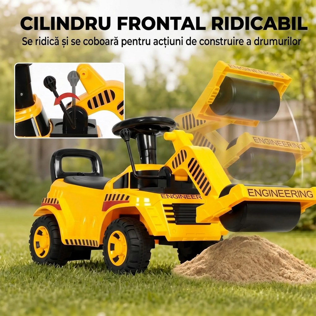 AIYAPLAY Compactor Rutier de Călărit pentru Copii 1-4 Ani, cu Rolă Reglabilă, Claxon și Spațiu sub Scaun, Galben | Aosom Romania