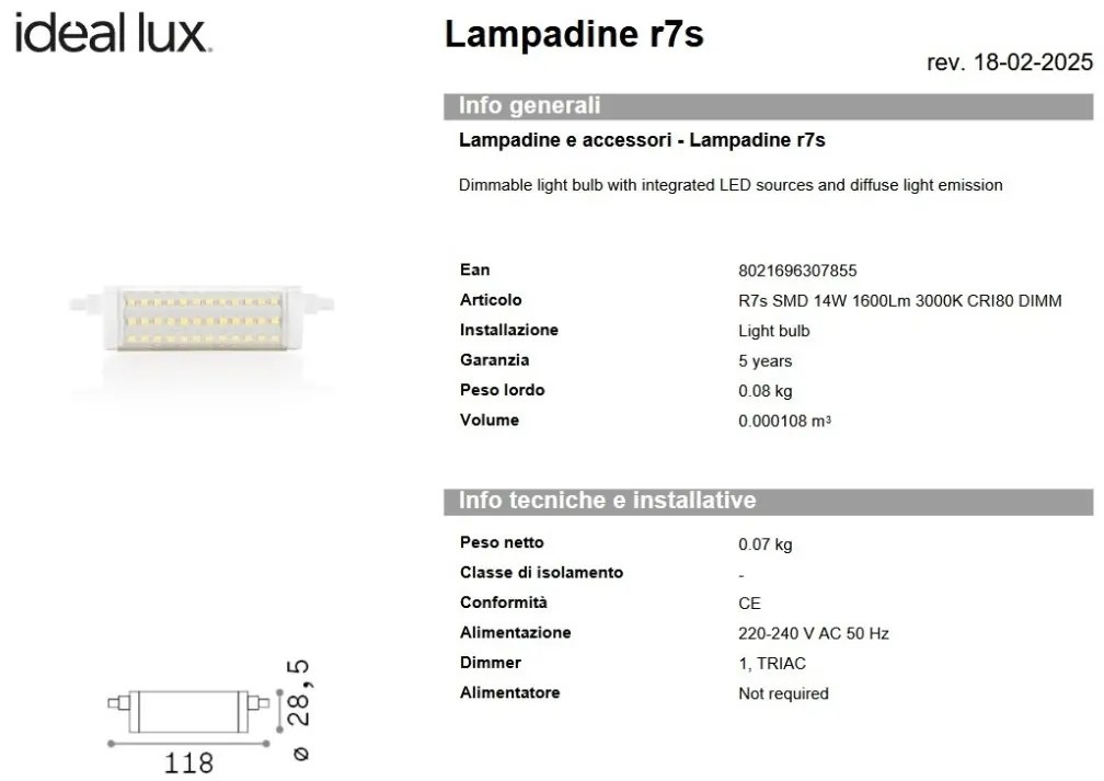 Bec LED dimabil, R7s SMD 14W 1600lm 3000K cri80 dimm