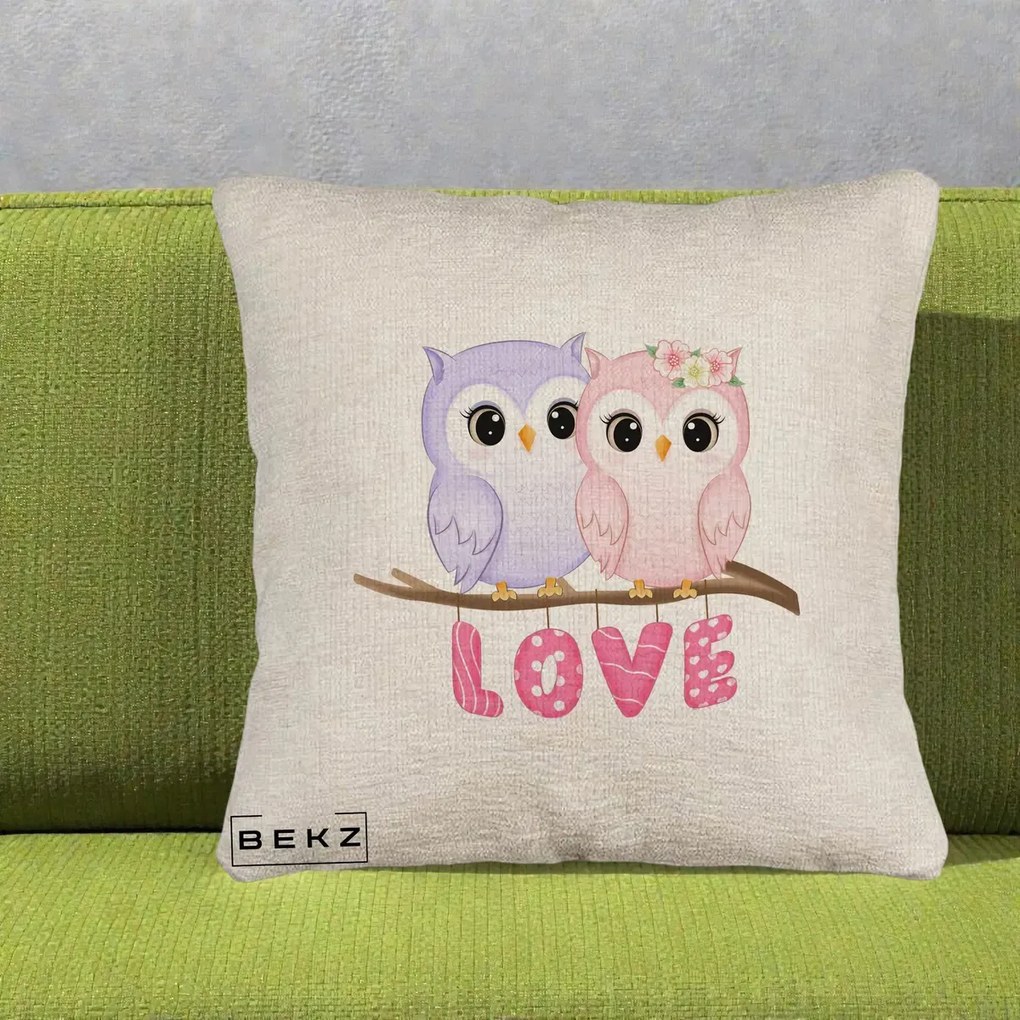 Perna Decorativa Love Bufnite Indragostite pe Crenguta Roz si Mov, 40x40 cm, Bej Canapea, Husa Detasabila, Perna Inclusa, BEKZ®