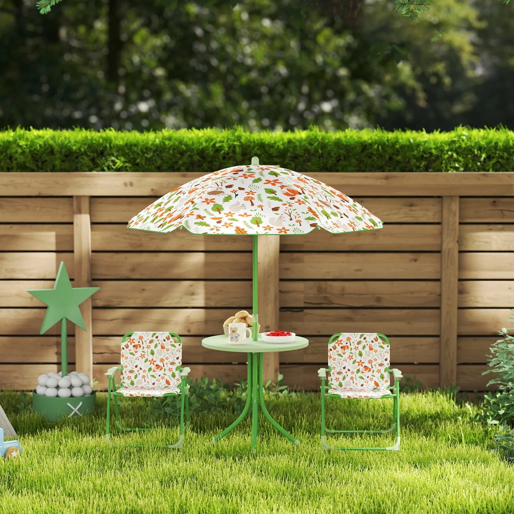 AIYAPLAY Set de Mobilier de Grădină din 4 Piese cu Masă, Scaune și Umbrelă de Soare Reglabilă, 50xΦ49,5 cm, Verde | Aosom Romania