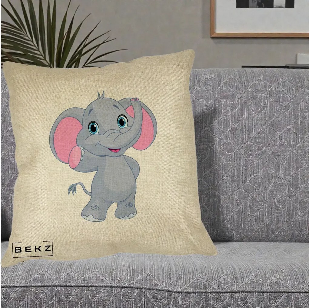 Perna Decorativa Pui de Elefant Kawaii, 40x40 cm, Crem, Husa Detasabila, Perna Inclusa, BEKZ®
