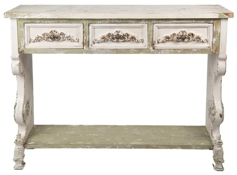 Consola alba, din lemn, 3 sertare sculptate, aspect vintage, Jardin