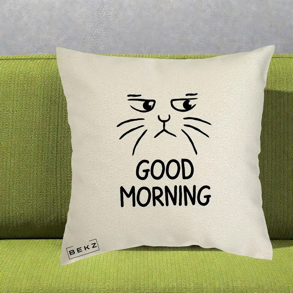 Perna Decorativa Pisica Morocanoasa Good Morning, 40x40 cm, Ecru, Husa Detasabila, Perna Inclusa, BEKZ®