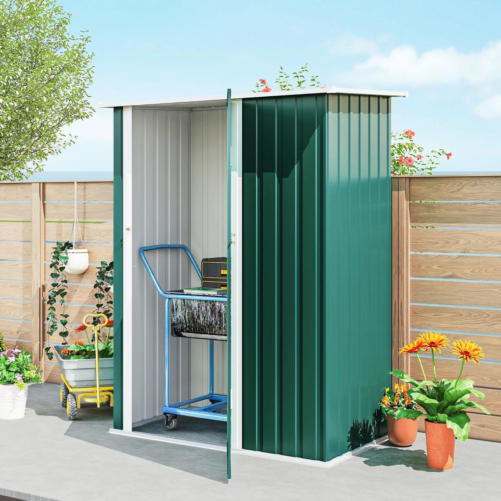 Outsunny Magazie de Grădină 1.07m² din Oțel Zincat, Căsuță pentru Depozitare cu Ușă Blocabilă, Acoperiș Înclinat, 142x86x189 cm, Verde | Aosom Romania