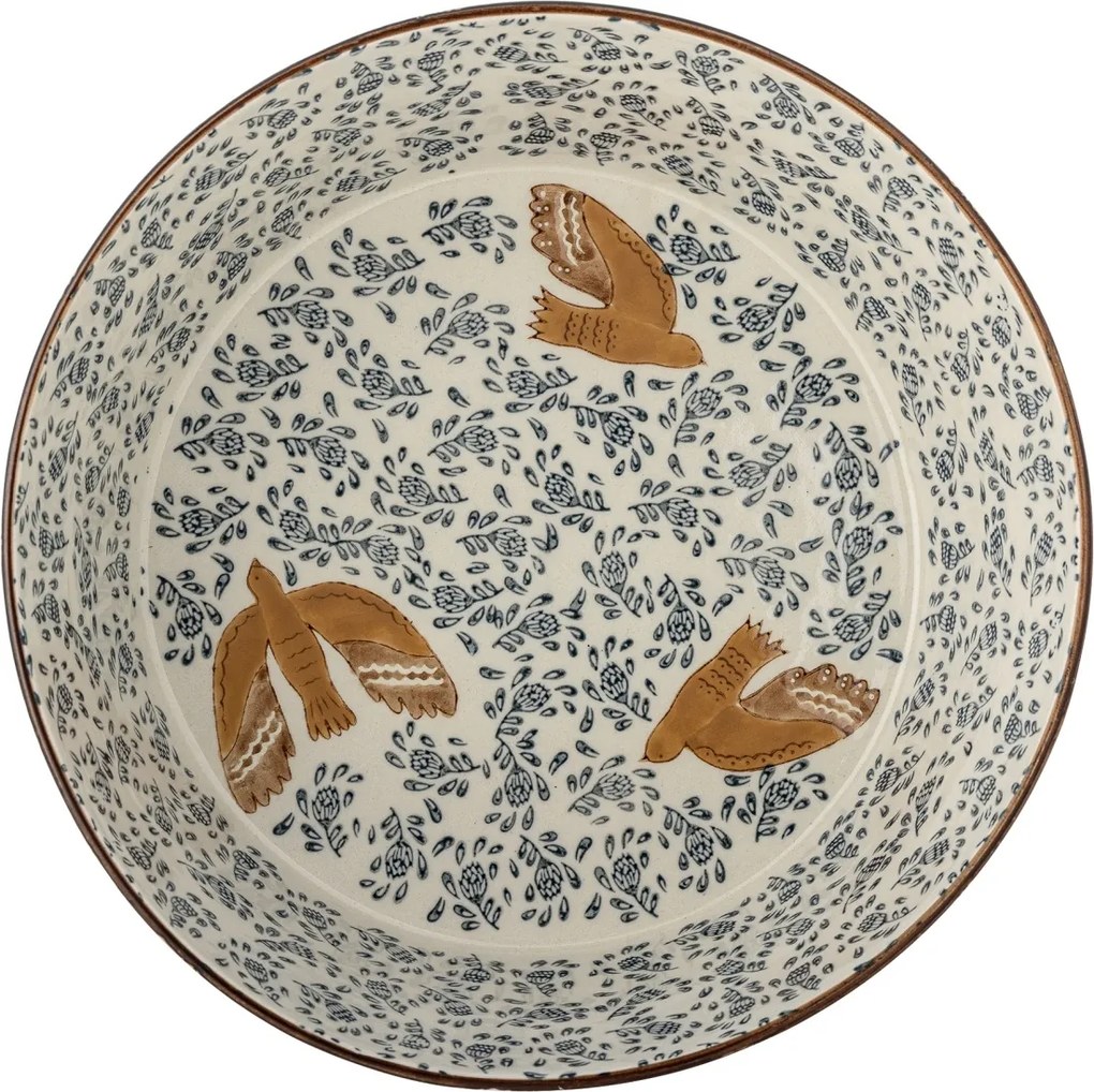 Bol mare din ceramică stoneware pictat manual cu păsări și motive florale, D28xH9 cm, 3350 ml, „Hezha"