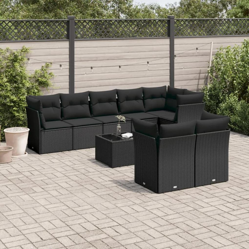 3249754 vidaXL Set mobilier de grădină cu perne, 9 piese, negru, poliratan