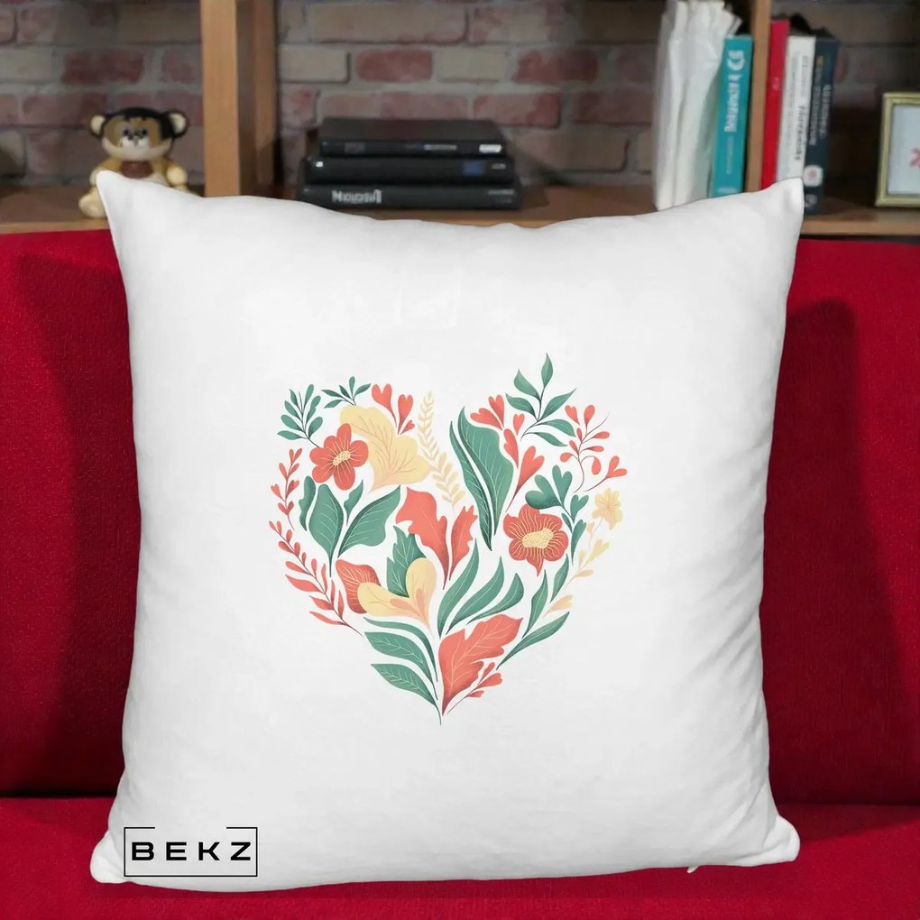 Perna Decorativa Inima Florala Botanica, 40x40 cm, Alb Pufos, Husa Detasabila, Perna Inclusa, BEKZ®