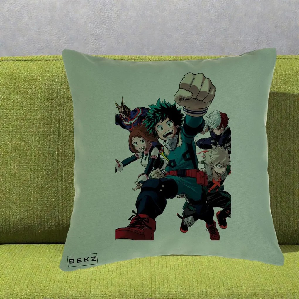Perna Personalizata My Hero Academia Izuku Deku si Echipa, 40x40 cm, Verde, Husa Detasabila, Perna Inclusa, BEKZ®