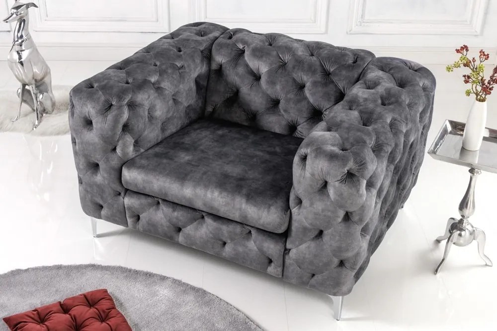 Fotoliu design Chesterfield, Catifea, Gri, MODERN BAROCK