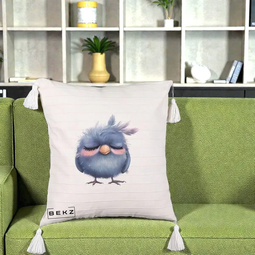 Perna Decorativa Pui Adormit Albastru, 40x40 cm, Bej cu Franjuri, Husa Detasabila, Perna Inclusa, BEKZ®