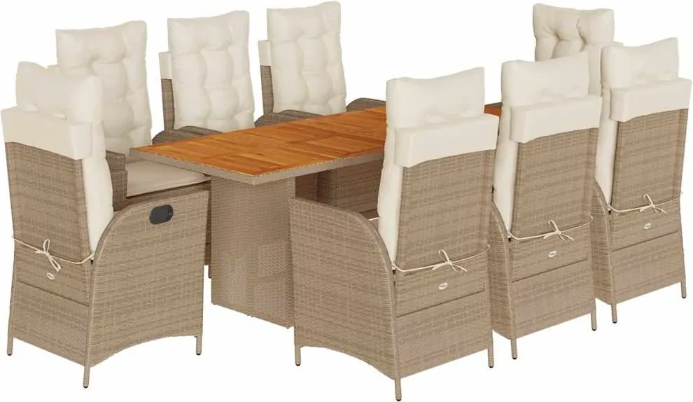 vidaXL Set de masă pentru grădină, 9 piese, cu perne, bej, poliratan