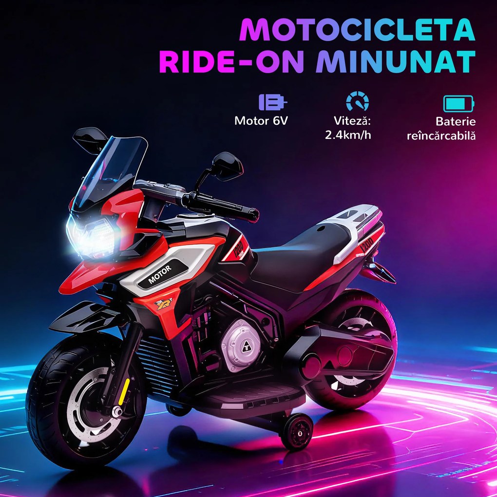 AIYAPLAY Motocicletă Electrică pentru Copii 18-36 Luni, 6V Motocicletă Electrică pentru Copii cu Roți Detașabile, Faruri, Muzică, 2.4 km/h Mini Motocicletă cu Far, Max 30kg, Roșu | Aosom Romania