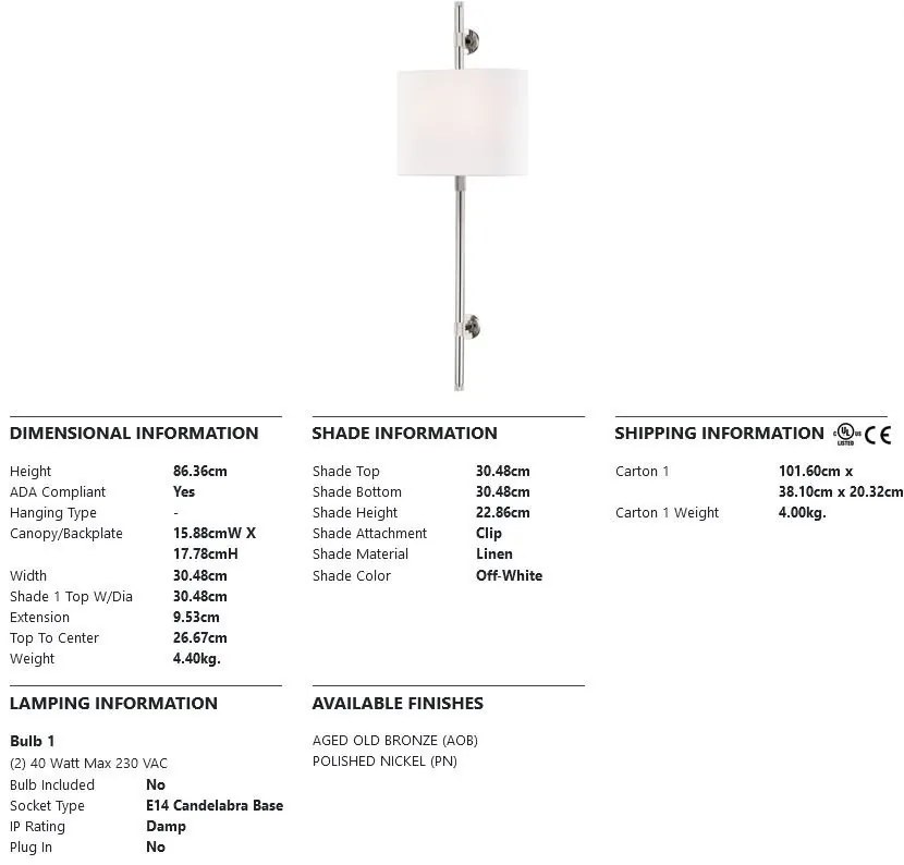 Aplica de perete design clasic BOWERY nichel lustruit, cu 2 surse de lumina