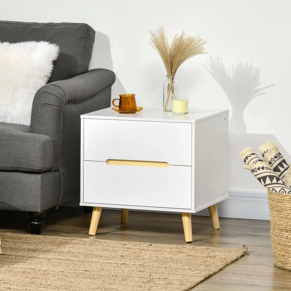 HOMCOM Noptieră Modernă cu 2 Sertare Masă Laterală Picioare Lemn Masiv pentru Dormitor sau Living 50x40x50.5cm | Aosom Romania