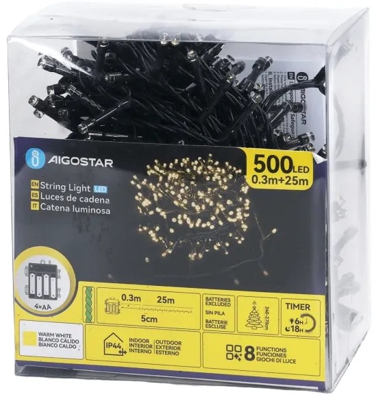 Aigostar - Ghirlandă luminoasă LED pentru exterior, 500 LED-uri, 8 funcții, 4xAA, 25,3 m, alb cald