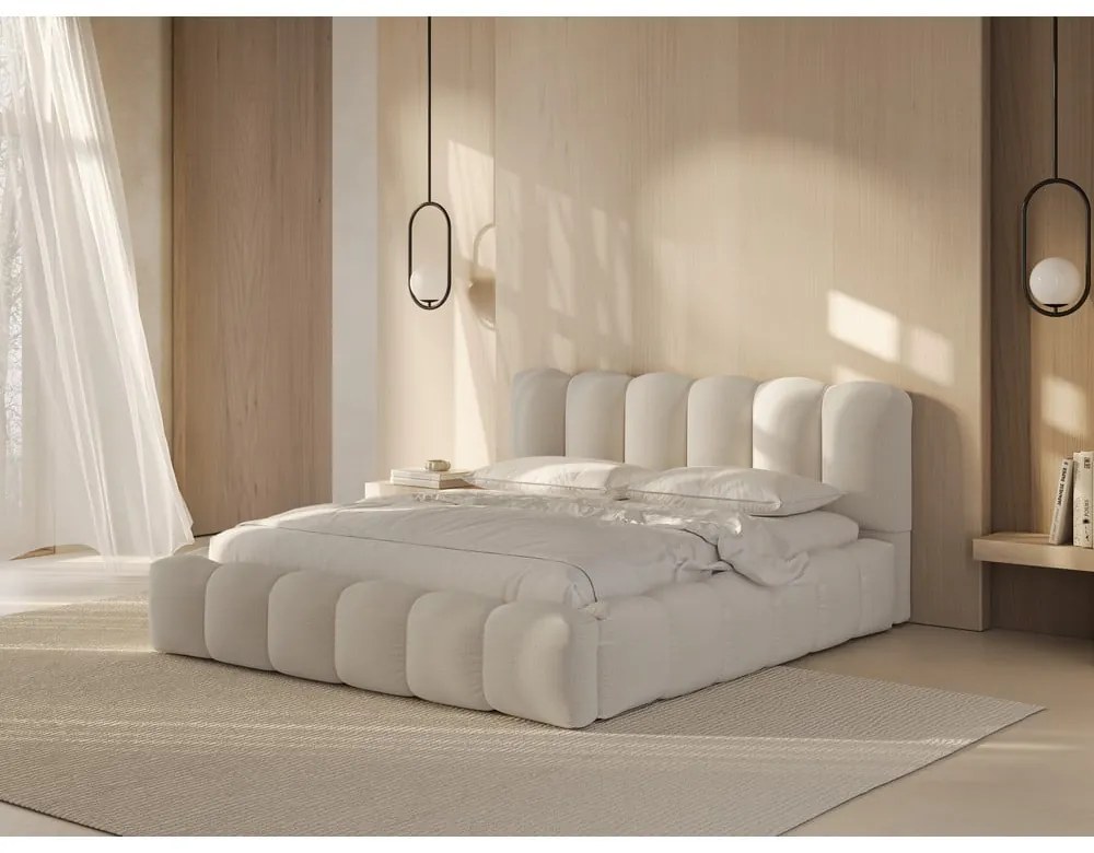 Pat matrimonial crem tapițat cu spațiu de depozitare cu somieră 160x200 cm Lupine – Micadoni