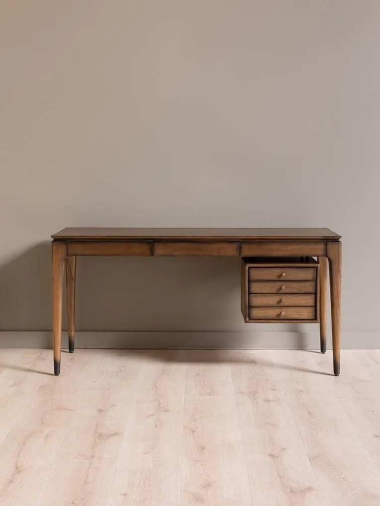 Birou din lemn masiv, cu 3 sertare și picioare conice, maro antichizat, finisaj satinat, 148.5×54.5×71.5 cm, „Adolfo"
