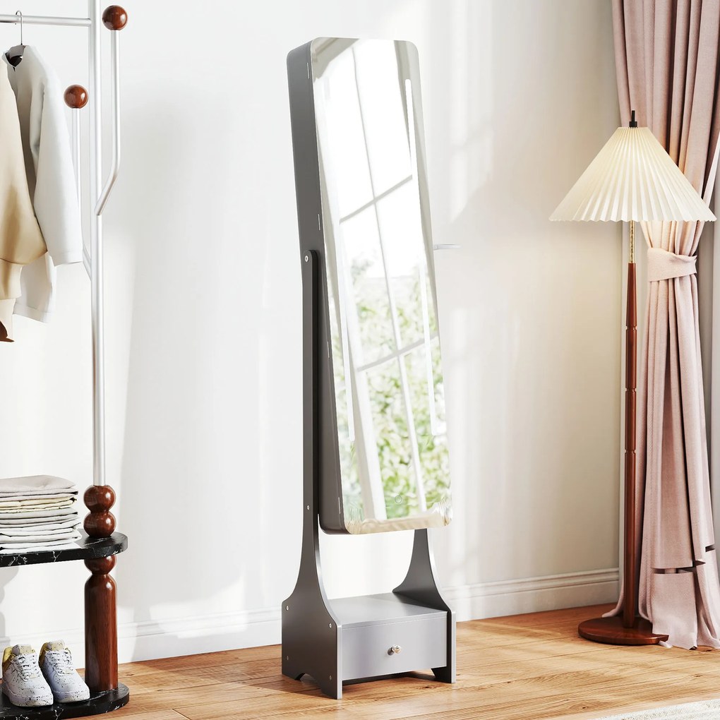 HOMCOM Oglindă-dulap pentru bijuterii cu lumini LED Dulap bijuterii cu oglindă full-length reglabilă pe unghi Sertar Oprire automată a luminilor Gri | Aosom Romania