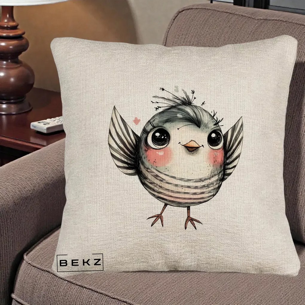 Perna Decorativa Pasare Gri cu Aripi si Inimioare, 40x40 cm, Bej Canapea, Husa Detasabila, Perna Inclusa, BEKZ®