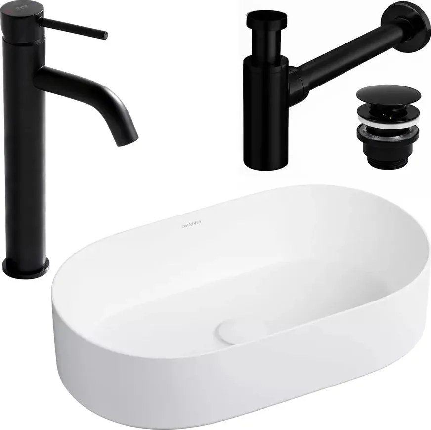 Pachet lavoar pe blat Rea Mesa alb 53.5 cm, baterie lavoar Rea Lungo negru si ventil lavoar Click-Clack negru
