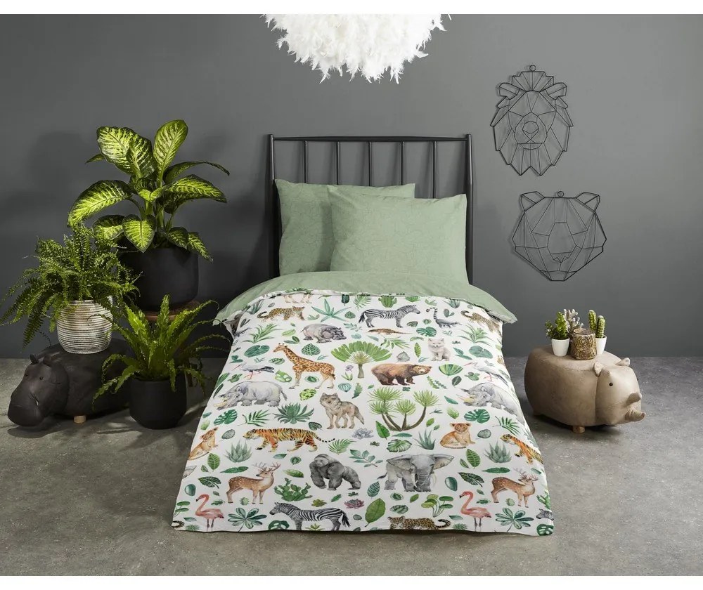 Lenjerie de pat pentru copii verde din bumbac pentru pat de o persoană 140x200 cm Samba – Good Morning