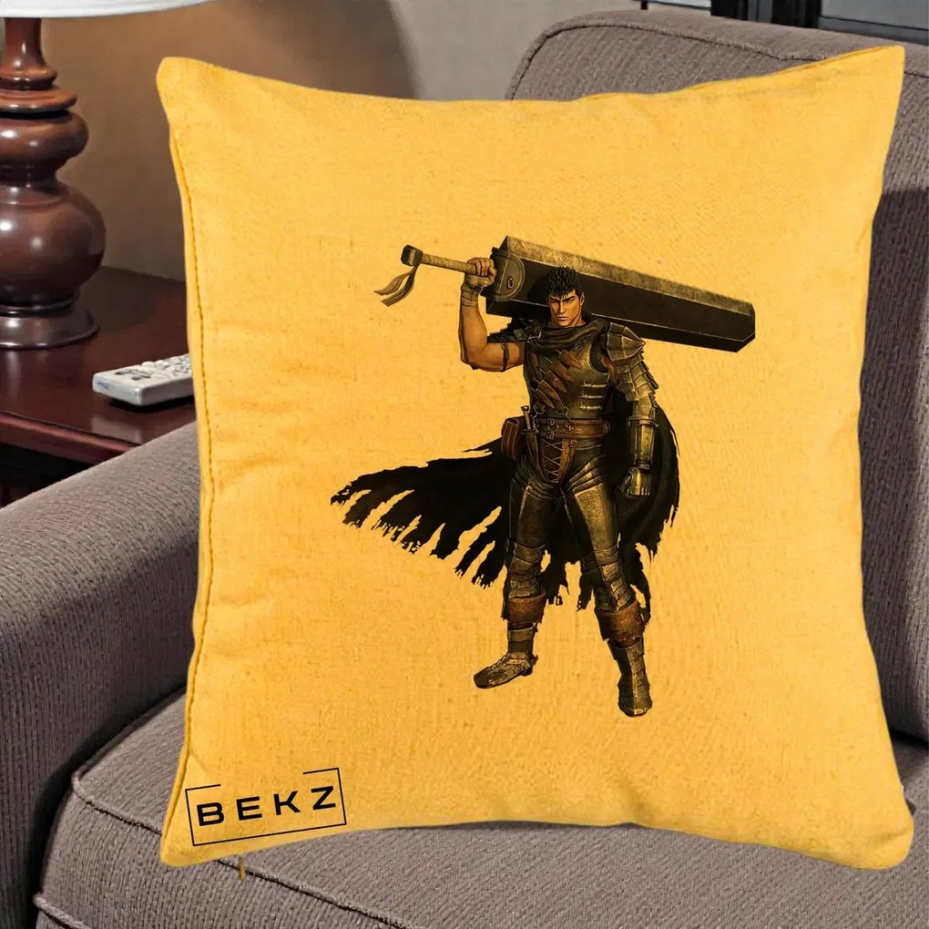 Perna Personalizata Berserk Guts Luptatorul Negru, 40x40 cm, Galben, Husa Detasabila, Perna Inclusa, BEKZ®