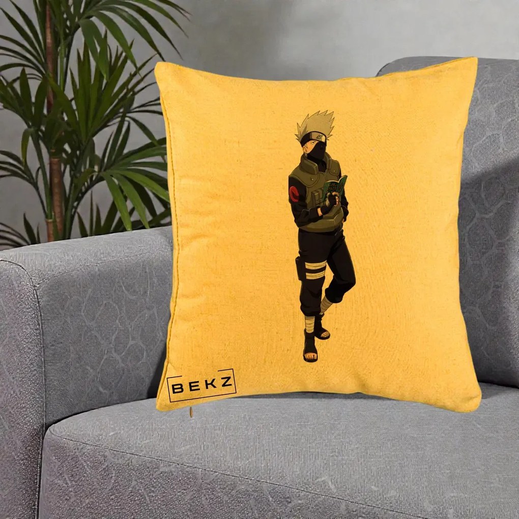 Perna Personalizata Naruto Kakashi Hatake Portret Complet, 40x40 cm, Galben, Husa Detasabila, Perna Inclusa, BEKZ®