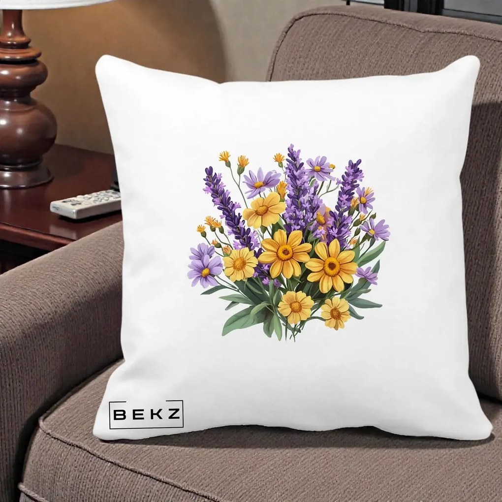 Perna Decorativa Lavanda cu Margarete Galbene si Lila, 40x40 cm, Alba Mata, Husa Detasabila, Perna Inclusa, BEKZ®